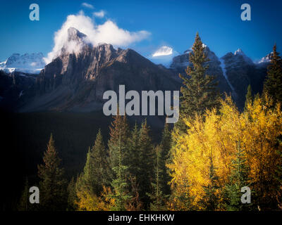 Early morning sunrise on peaks around Moraine Lake with fall color. Banff National Park. Alberta Canada. Stock Photo