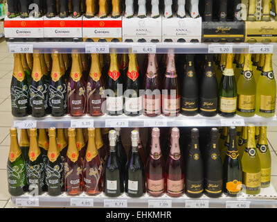 Selection of cava, Spanish sparkling wine in the shelves of a supermarket in Fuerteventura, Canary islands Spain Stock Photo