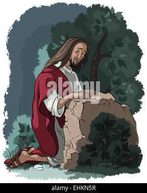 Agony in the garden. Jesus in Gethsemane scene. Night before the crucifixion Stock Photo