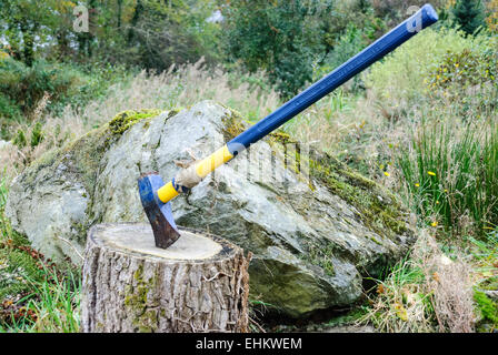 An axe on a wooden block