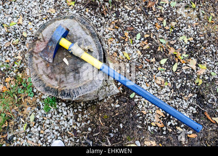 An axe on a wooden block