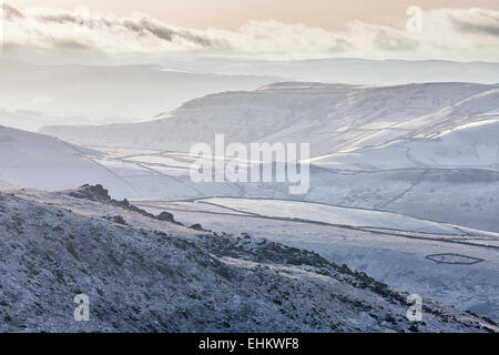 Winter in the Pennines - the view from Kinder Scout. Stock Photo