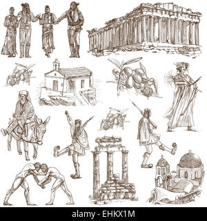 Travel series: GREECE - Collection of an hand drawn illustrations. Description: Full sized hand drawn illustrations, original fr Stock Photo