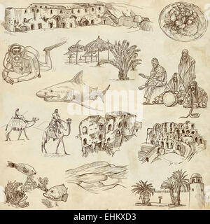 Travel series: TUNISIA - Collection of an hand drawn illustrations. Description: Full sized hand drawn illustrations, original f Stock Photo