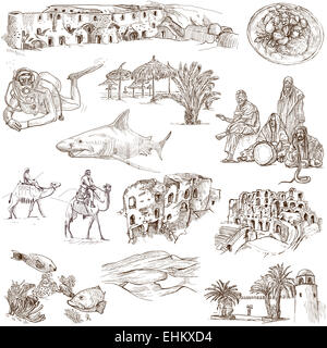 Travel series: TUNISIA - Collection of an hand drawn illustrations. Description: Full sized hand drawn illustrations, original f Stock Photo