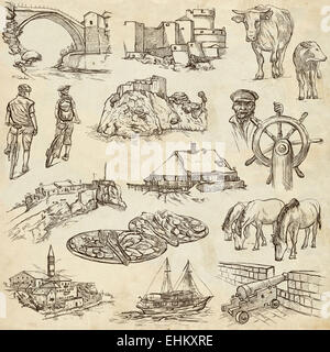 Travel series: Former Republics of YUGOSLAVIA - Collection of an hand drawn illustrations (pack no.1). Stock Photo