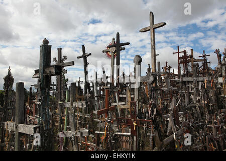 Wooden crosses at the Hill of Crosses, the most important Lithuanian Catholic pilgrimage site, near Siauliai, Lithuania. Stock Photo