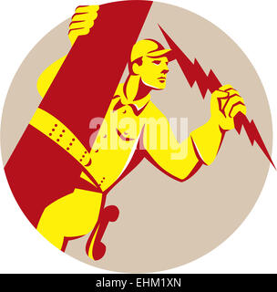 Illustration of an electrician power lineman telephone repairman worker with safety belt climbing electric telephone post repairing holding lightning bolt looking to the side set inside circle done in retro style on isolated background. Stock Photo