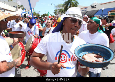 Miami, Florida, USA. 15th March, 2015. Musicians with the Conga Coco Ye band from Cuba perform at the annual Calle Ocho street festival in the Little Havana neighborhood in Miami, Florida on Sunday, March 15, 2015. Credit:  SEAN DRAKES/Alamy Live News Stock Photo
