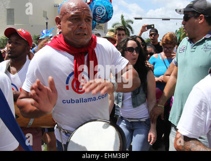 Miami, Florida, USA. 15th March, 2015. Musicians with the Conga Coco Ye band from Cuba performs at  the annual Calle Ocho street festival in the Little Havana neighborhood in Miami, Florida on Sunday, March 15, 2015. Credit:  SEAN DRAKES/Alamy Live News Stock Photo