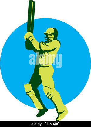 Illustration of a cricket player batsman with bat batting facing front set inside circle done in retro style on isolated background. Stock Photo