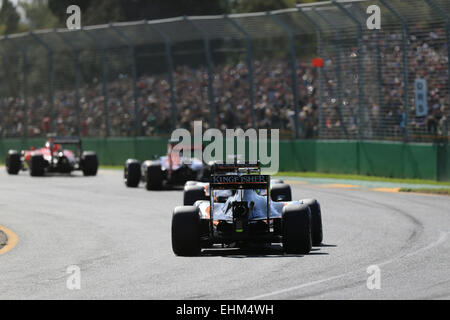 Melbourne, Australia. 15th Mar, 2015. F1 Grand Prix of Australia, race day at the Albert Park street circuit. Sahara Force India drivers Nico Hulkenberg and Sergio Perez complete the 1st laps of the GP race Credit:  Action Plus Sports/Alamy Live News Stock Photo
