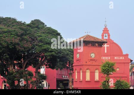 Dutch Clock Tower and Christ Church in Malacca, Malaysia Stock Photo