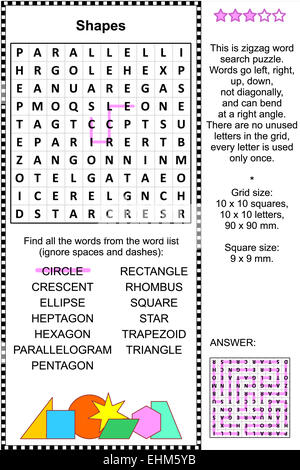 Shapes themed word search puzzle (suitable both for kids and adults). Answer included. Stock Photo