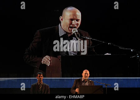 Tel Aviv, Israel. 15th March. Israel's Minister of Economy Naftali Bennett addressing audience at a right wing election rally in Tel Aviv, Israel, March 15, 2015. Over 40,000 gathered in Tel Aviv to support the right-wing ruling Likud Party headed by Israeli Prime Minister Benjamin Netanyahu two days before the country's general election as polls predict end of his reign. Credit:  Eddie Gerald/Alamy Live News Stock Photo