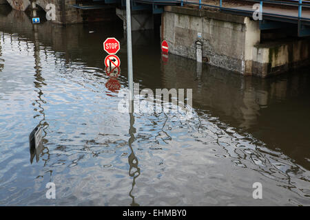 Traffic signs flooded by the Elbe River in Usti nad Labem, Northern Bohemia, Czech Republic, on June 5, 2013. Stock Photo