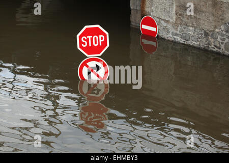 Traffic signs flooded by the Elbe River in Usti nad Labem, Northern Bohemia, Czech Republic, on June 5, 2013. Stock Photo