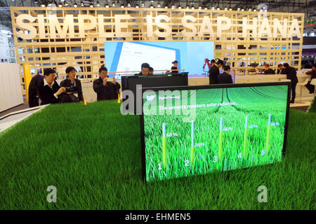 Digital farming with a real wheat field on the stand of SAP software company at the CeBIT computer fair 2015 in Hannover, Germany. Stock Photo