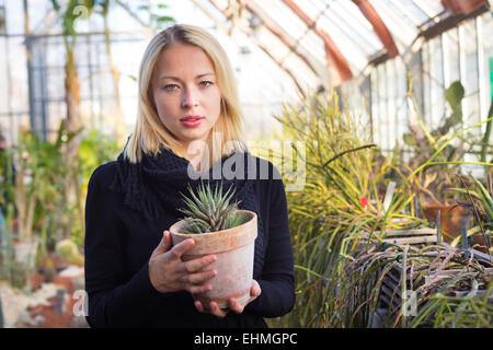 Florists woman working in greenhouse. Stock Photo