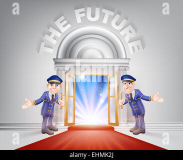 Future Door concept of a doormen holding open a red carpet entrance to the future with light streaming through it. Stock Photo