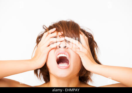 Closeup stressed young woman and yelling screaming Stock Photo