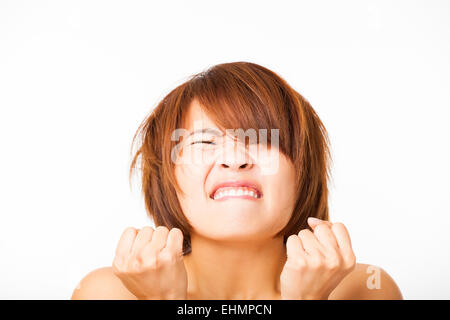 Closeup angry young woman face Stock Photo