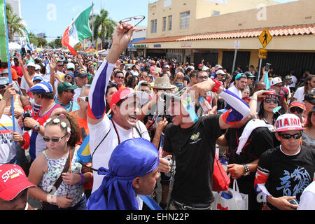 Miami, Florida, USA. 15th March, 2015. Spectators dance and sing at the Calle Ocho street festival in Miami, Florida on Sunday, March 15, 2015. Credit:  SEAN DRAKES/Alamy Live News Stock Photo