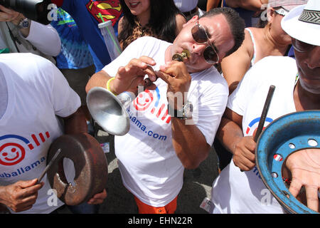 MIAMI, FLORIDA, MARCH  15: Musicians with the Conga Coco Ye band from Cuba perform at the Calle Ocho street festival in Miami, Florida on Sunday, March 15, 2015. Credit:  SEAN DRAKES/Alamy Live News Stock Photo