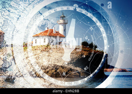 Old ships navigation background with old nautical compass, lighthouse building on the rock and ancient maps Stock Photo