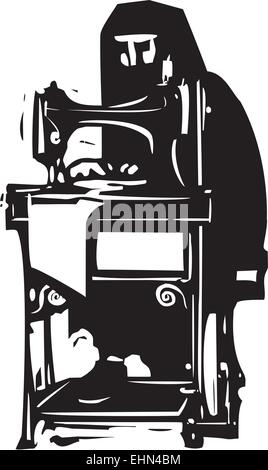 Woodcut style image of a conservative Muslim woman in a Hijab or burka working at a sewing machine Stock Vector