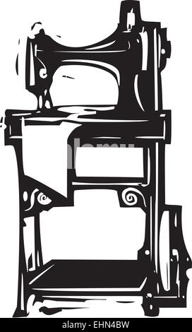 Woodcut style image of a vintage singer treadle sewing machine Stock Vector