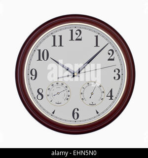 Quartz wall clock with hygrometer and thermometer isolated on white Stock Photo