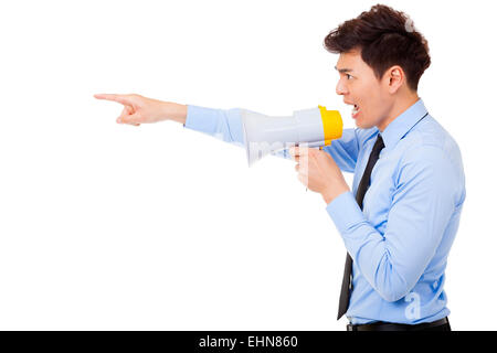 angry businessman using megaphone isolated on white Stock Photo