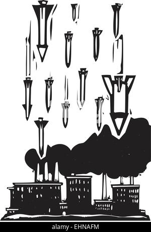 Woodcut style image of missiles falling on a factory Stock Vector