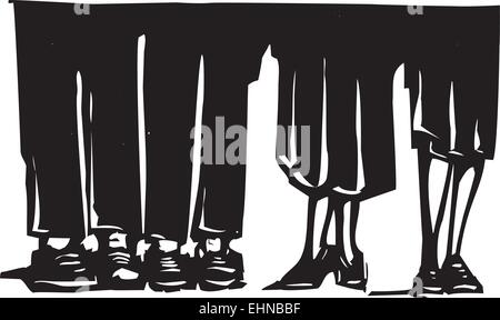 Woodcut style expressionist image of the legs of men and woman standing around. Stock Vector