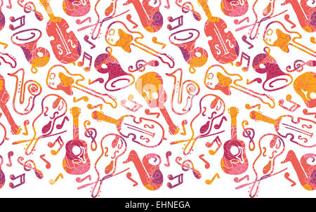 Colorful musical instruments horizontal seamless pattern border Stock Photo