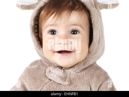 closeup portrait of funny smiling baby on white Stock Photo