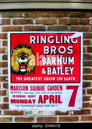 Sign advertising the Ringling Brothers Barnum and Bailey circus at Madison Square Garden Stock Photo