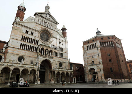The facade of Cremona Cathedral and octagonal Baptistry in Cremona, Italy. Stock Photo
