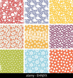 Set of nine cute elements seamless patterns backgrounds Stock Photo