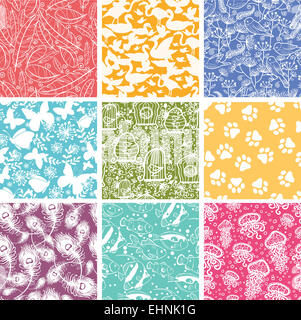 Set of nine animal  seamless patterns backgrounds Stock Photo