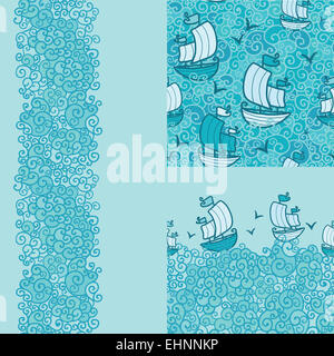 Set of three marine seamless pattern and borders backgrounds Stock Photo