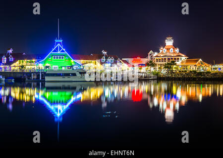 Shoreline Village and Parker's Lighthouse at night, in Long Beach, California. Stock Photo