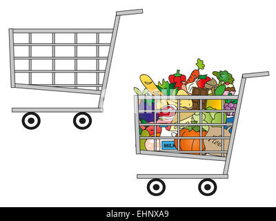 illustration of a shopping cart empty and one full of food Stock Photo