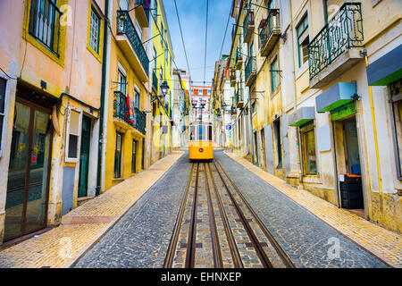 Lisbon, Portugal old town streets and street car. Stock Photo