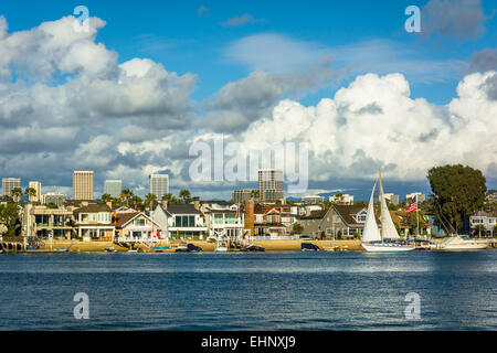 View of Balboa Island, and buildings in Irvine, from Newport Beach, California. Stock Photo