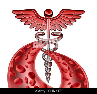 Medical blood symbol concept as a caduceus icon with veins or human srteries carrying blood cells in forced perspective as a metaphor for health care support. Stock Photo