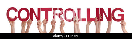 Many Caucasian People And Hands Holding Red Straight Letters Or Characters Building The Isolated English Word Controlling On Whi Stock Photo
