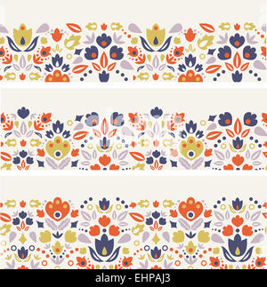 Three ornamental folk tulips horizontal seamless patterns Stock Photo