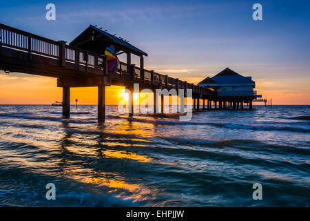 Fishing pier in the Gulf of Mexico at sunset,  Clearwater Beach, Florida. Stock Photo